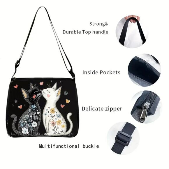 Cat Crossbody Bag - Adorable Feline Design Black Polyester - Picture 3 of 8